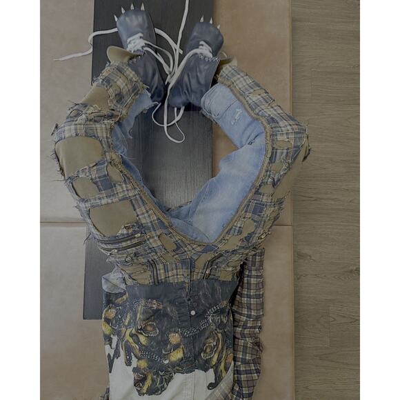 Blackmeans Shredded boro patchwork plaid cropped cargo denim - Picture 2 of 14